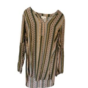 Umgee Women's Medium Tunic shirt dress Long Sleeve‎ Green Brown Aztec Print